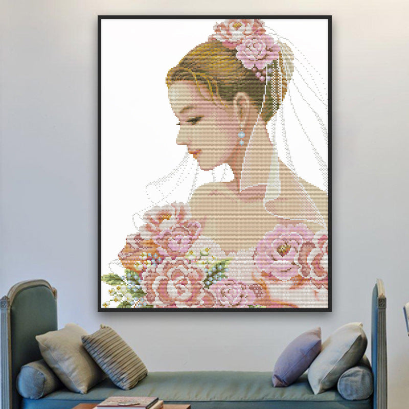 51x62CM Beautiful bride 3 strands 11CT Stamped Cross Stitch Full Range of Embroidery Starter Kit for Beginners Pre-Printed Pattern