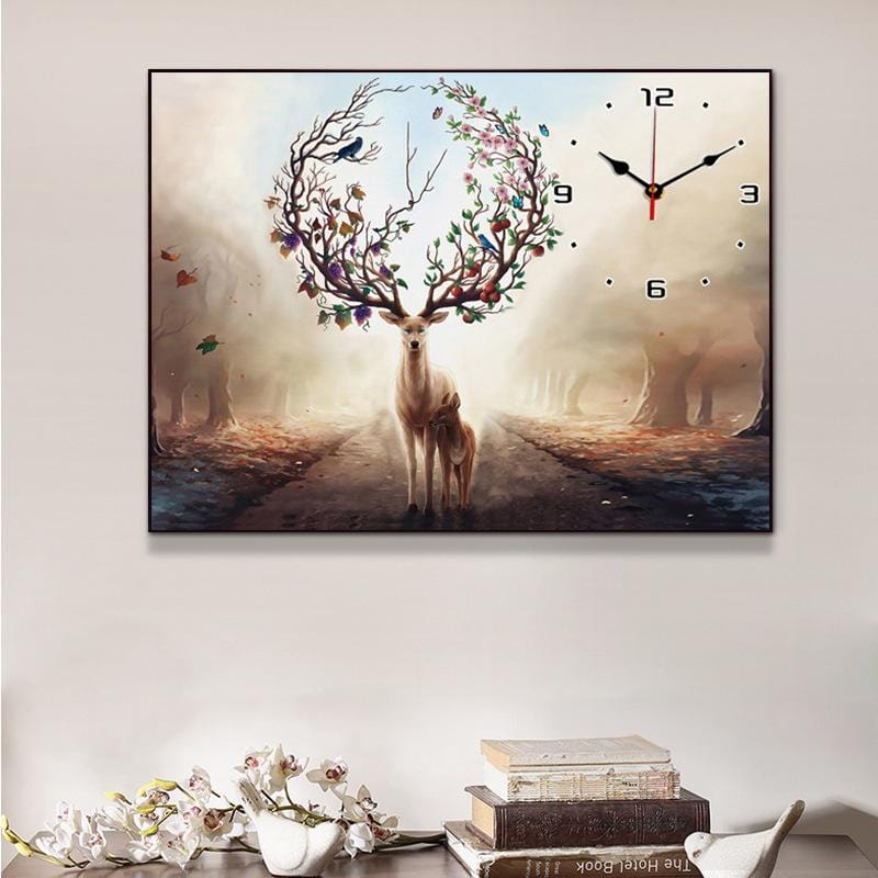 70X50cm Deer and Clocks Cross Stitch Kits 11CT Stamped Full Range of Embroidery Starter Kit for Beginners Pre-Printed Pattern Free inner works of clocks