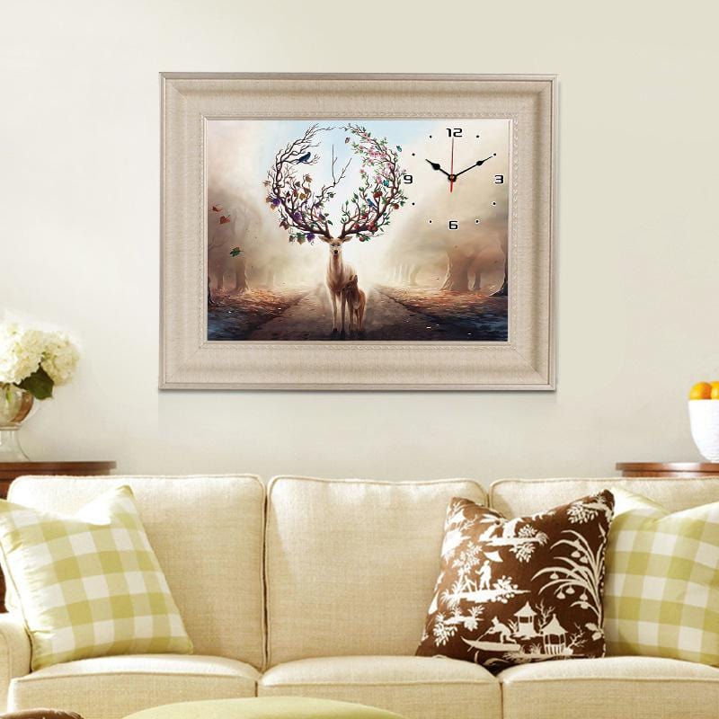 70X50cm Deer and Clocks Cross Stitch Kits 11CT Stamped Full Range of Embroidery Starter Kit for Beginners Pre-Printed Pattern Free inner works of clocks