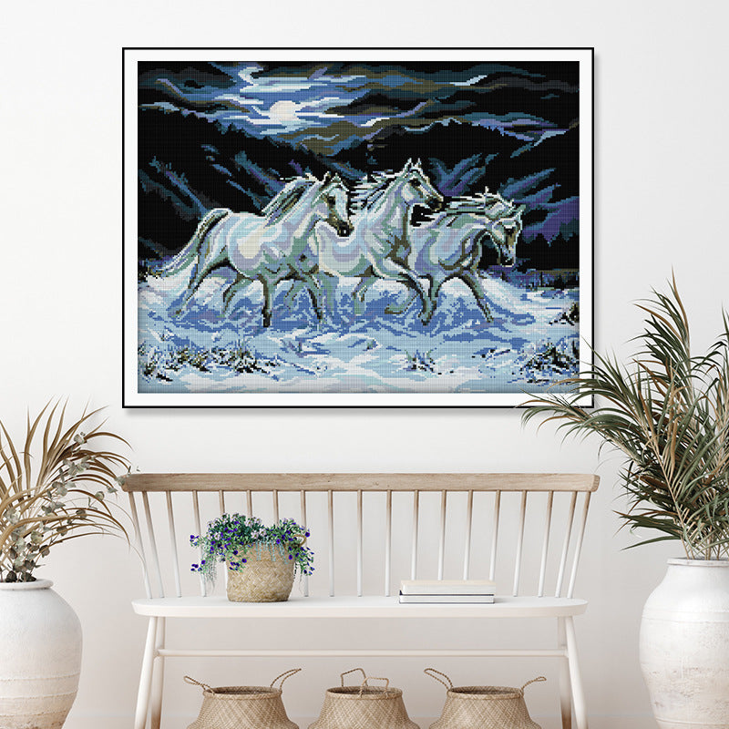 71×56cm Three Horse Cross Stitch Kits 11CT Stamped Full Range of Embroidery Starter Kit for Beginners Pre-Printed Pattern