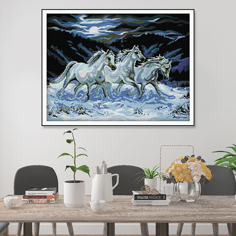 71×56cm Three Horse Cross Stitch Kits 11CT Stamped Full Range of Embroidery Starter Kit for Beginners Pre-Printed Pattern