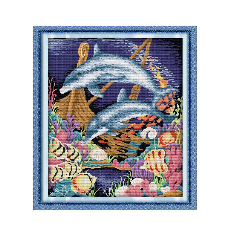52X60CM Dolphin 3 strands 11CT Stamped Cross Stitch Full Range of Embroidery Starter Kit for Beginners Pre-Printed Patterns