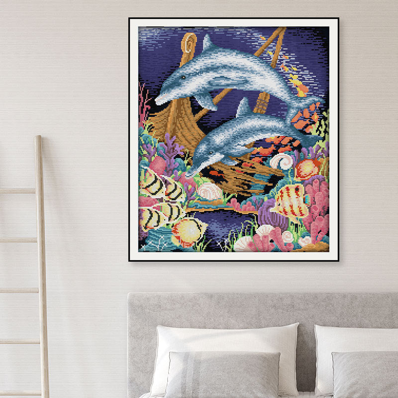 52X60CM Dolphin 3 strands 11CT Stamped Cross Stitch Full Range of Embroidery Starter Kit for Beginners Pre-Printed Patterns