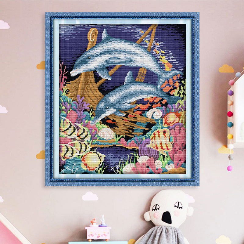 52X60CM Dolphin 3 strands 11CT Stamped Cross Stitch Full Range of Embroidery Starter Kit for Beginners Pre-Printed Patterns