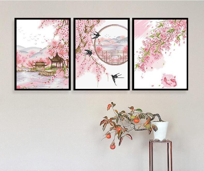 150x63cm Peach blossom swallow Cross Stitch Kits 9CT Stamped Full Range of Embroidery Starter Kit for Beginners Pre-Printed Pattern
