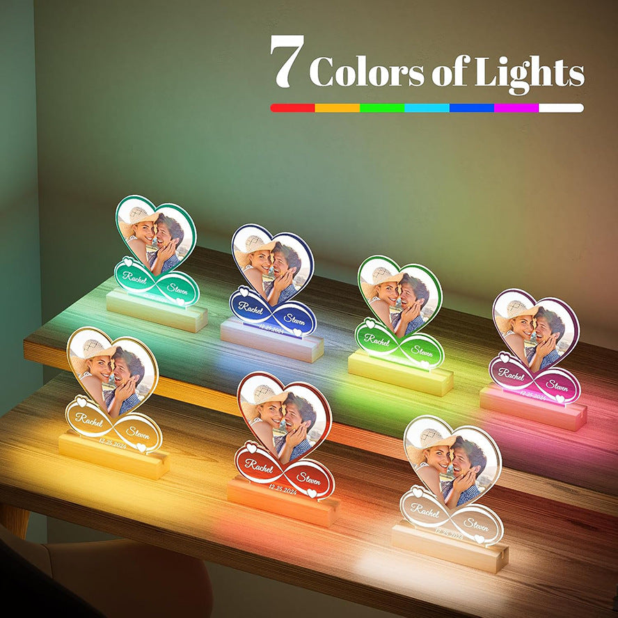 Personalized Heart Photo Night Light Custom Name 7 Color LED Lamp with Picture Frame Acrylic