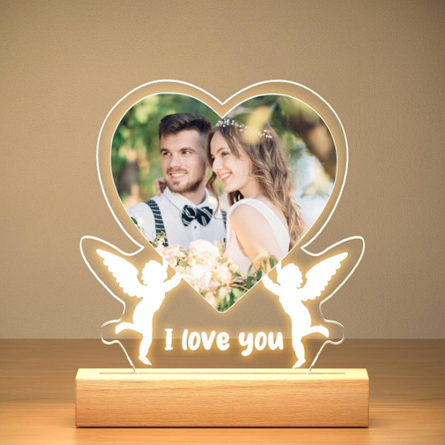 Personalized Heart Photo Night Light Custom Name 7 Color LED Lamp with Picture Frame Acrylic
