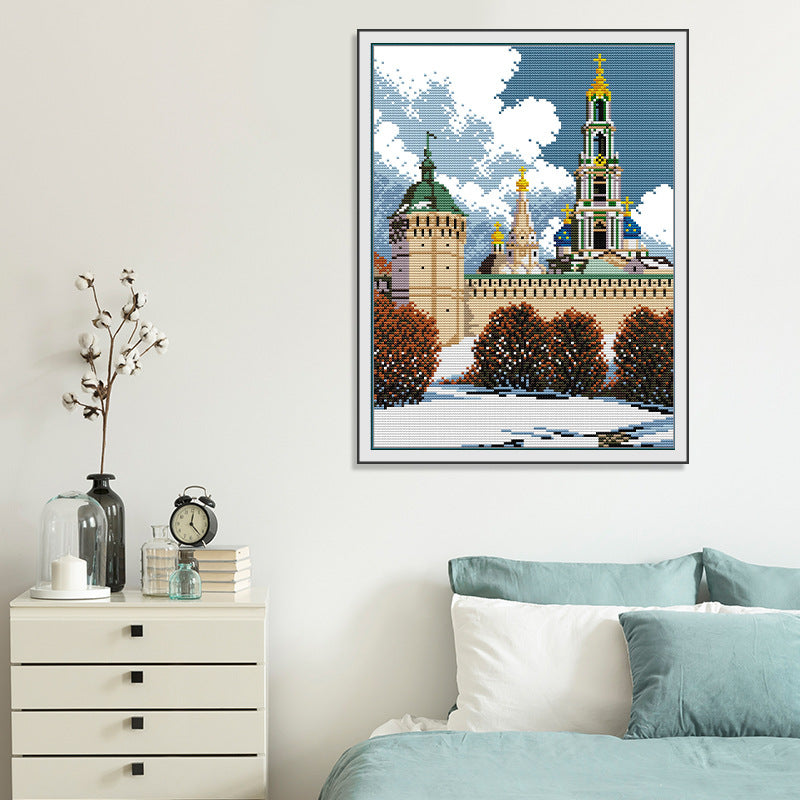 37×46CM Scenic Castle Cross Stitch Kits 11CT Stamped  Full Range of Embroidery Starter Kit for Beginners Pre-Printed Pattern