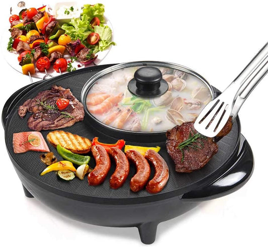 Smokeless Non-Stick Indoor 2 in 1 BBQ Grill & Hot Pot Multi-Function Electric Barbecue Oven