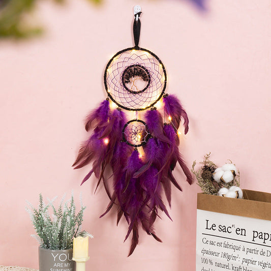 Feather Dream Catcher LED Fairy Lights Circular Net for Wall Hanging Decor